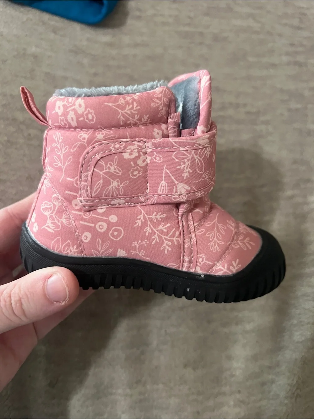 Toddler Pink Floral Snow Boots with Soft Gray Lining Size 4
